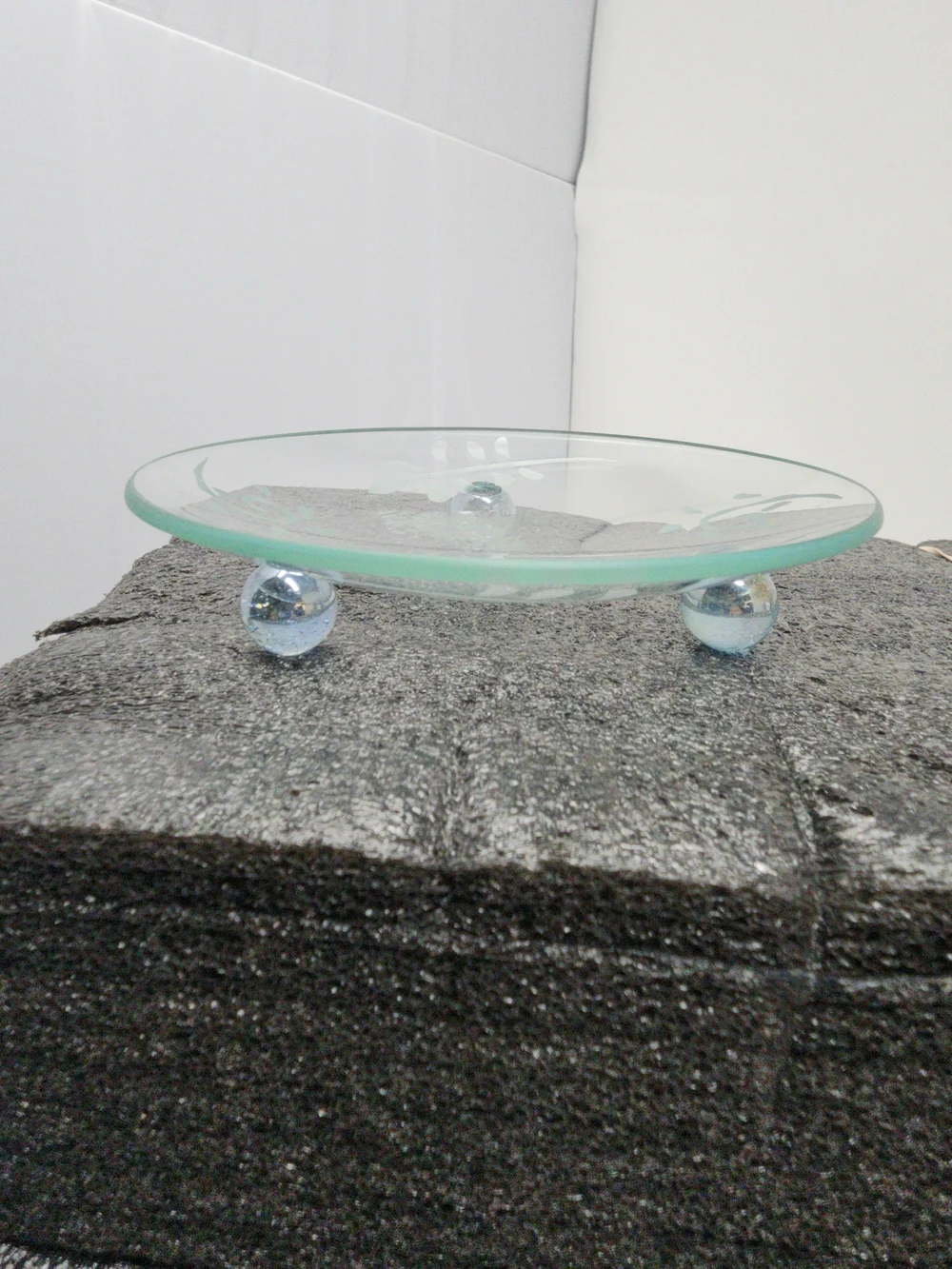 Etched Glass Round Display Tray with Aqua Glass Feet